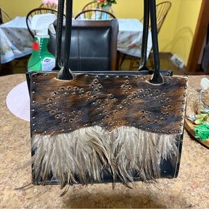 Western black hide ostrich feathers purse